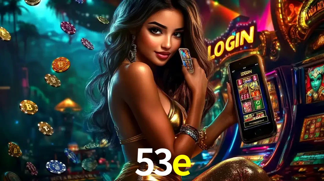 Mulher em um cenário de cassino temático de aventura, mostrando o app de caça-níqueis da 53e no celular. Fichas de apostas flutuam ao redor.